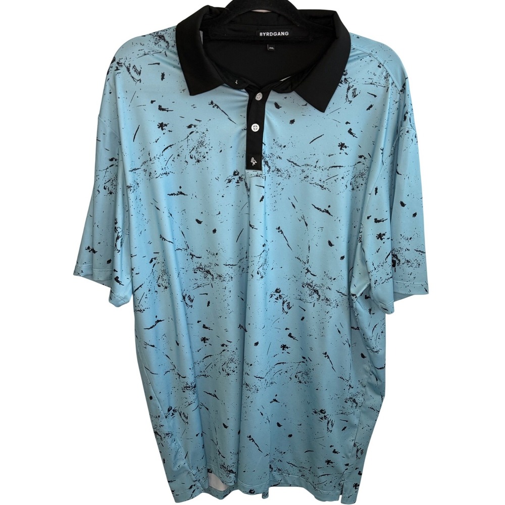 Byrdgang Men's 2XL Blue Black Paint Splatter Performance Golf Polo‎ Shirt